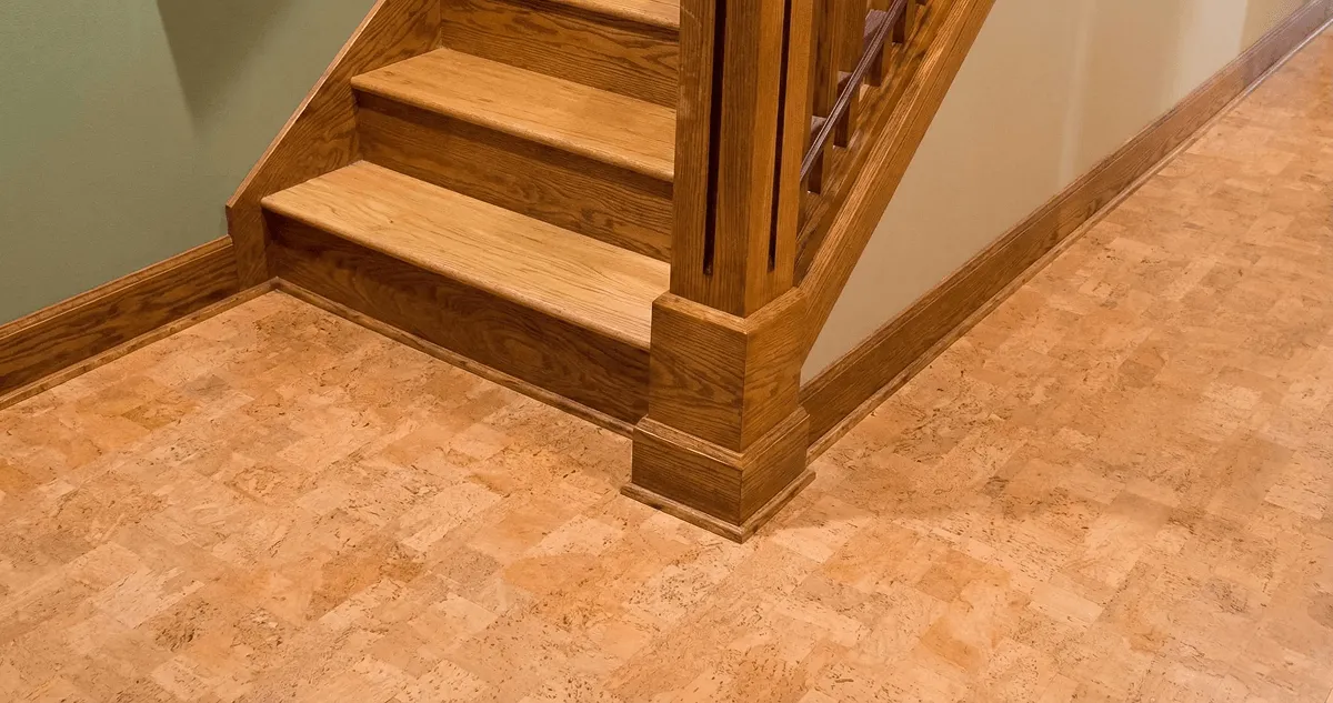End of a staircase with cork flooring in Kansas City, MO